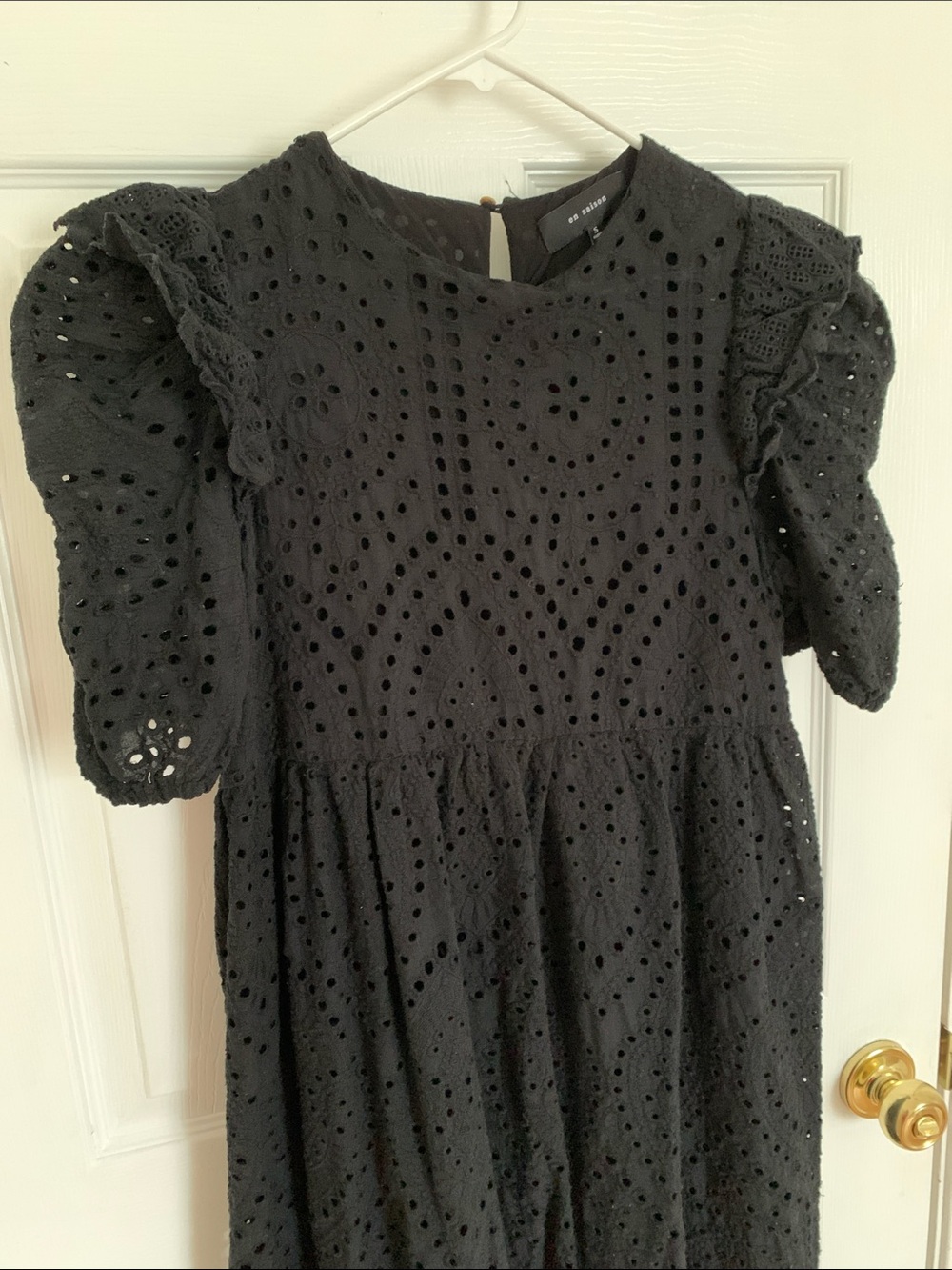 En Saison Black Eyelet Midi Dress with Puff Sleeves